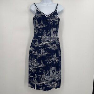 Victoria Pappas Navy Toile Print Cotton Blend Dress Midi Women’s Size 4